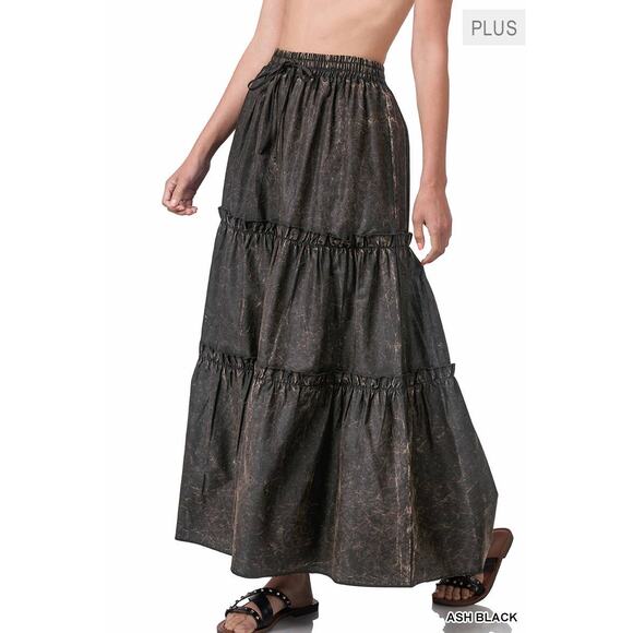 55. Plus Woven Acid Wash Tiered Ruffle Maxi Skirt - Picture 2 of 3